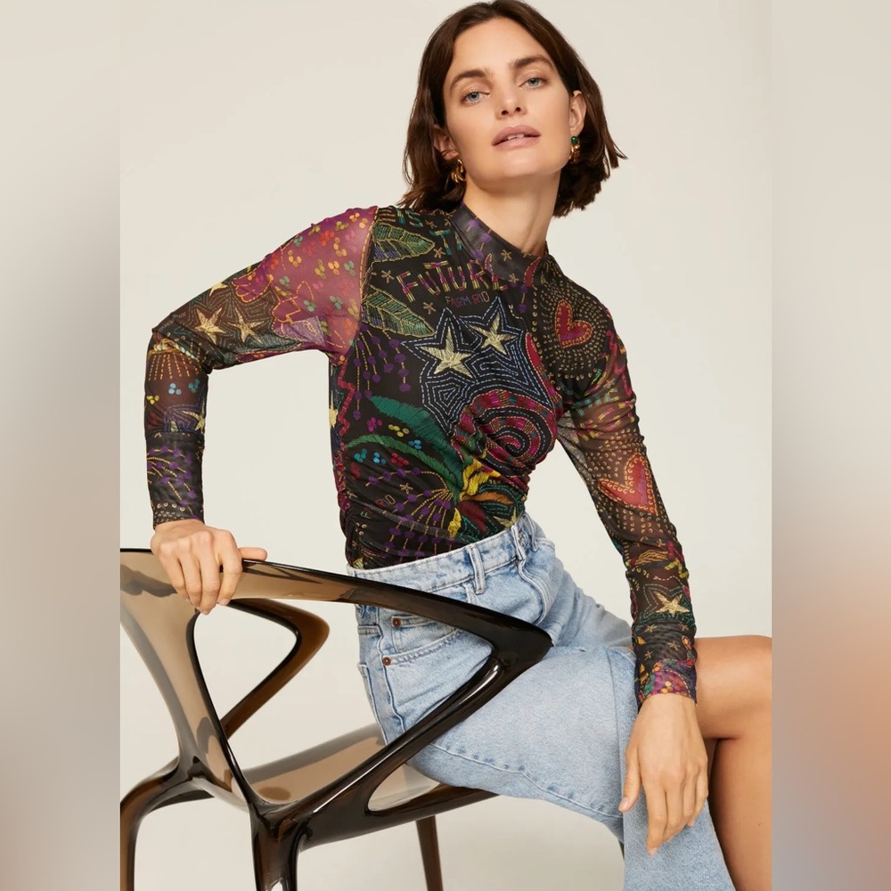 Farm Rio Amazonia Tulle Mesh Sleeve Blouse